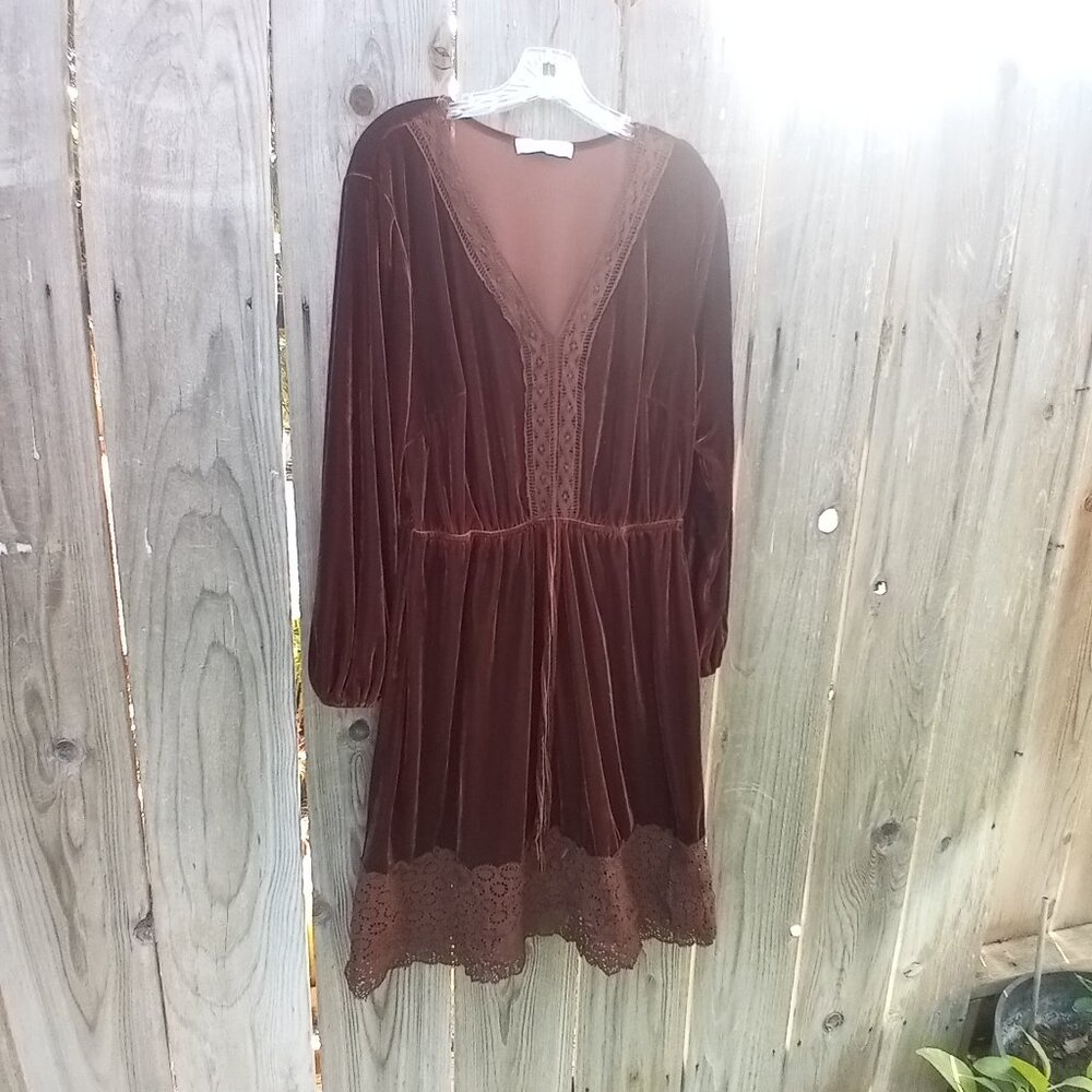 Rusttydustty Prairie Dress Womens 1XL Brown Velvet Crochet Trim Boho Peasant